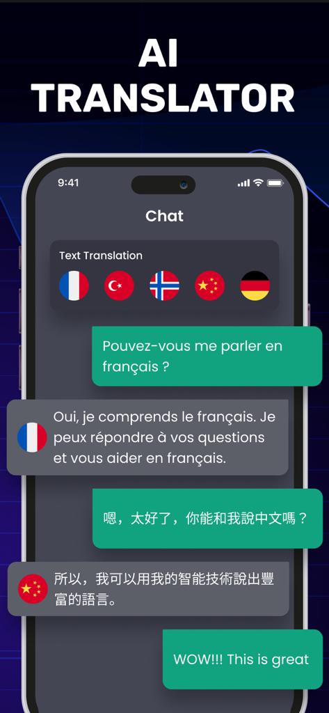 Chat AI - Ask Anything - Chat AI App-Oberfläche zeigt Übersetzungsfunktionen und mehrsprachige Gespräche auf Französisch und Chinesisch