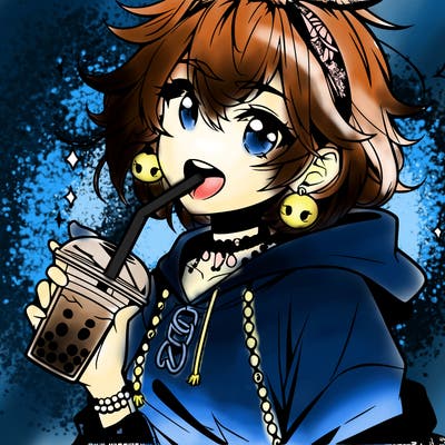 hot baddie anime girl drinking boba and biting the straw