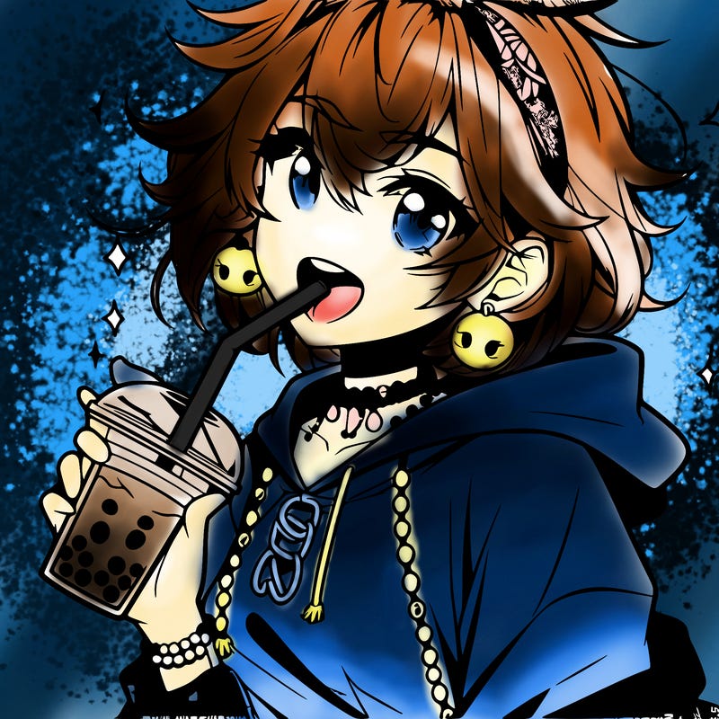 hot baddie anime girl drinking boba and biting the straw