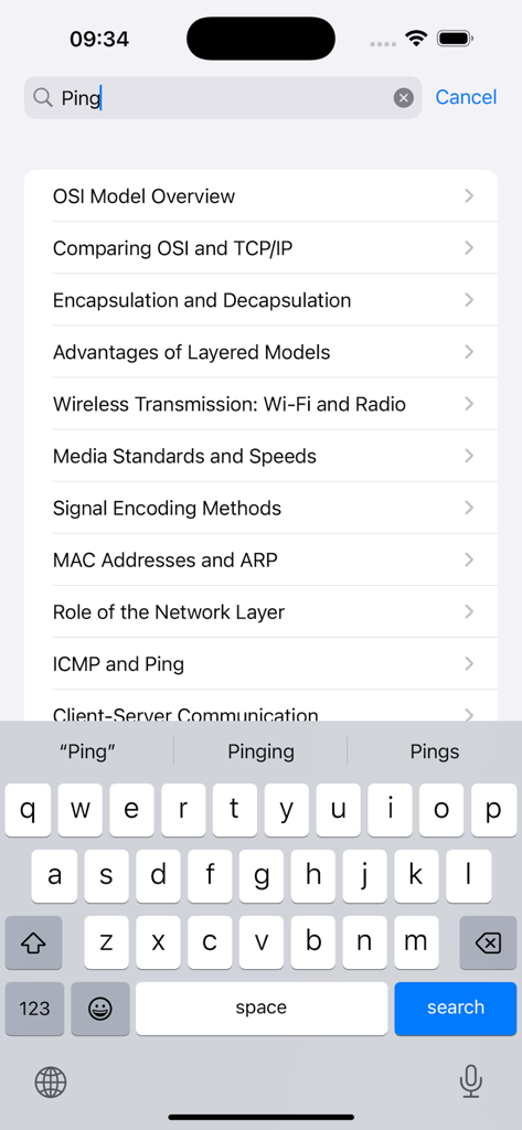 Learn Computer Networking - Search interface in the Learn Computer Networking app showing topics like OSI Model and ICMP Ping