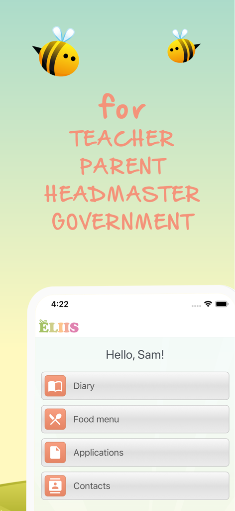 Eliis - Eliis mobile app interface for parents and teachers featuring a diary and food menu