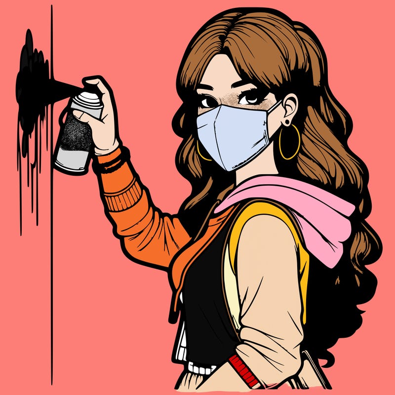 realistic girl with mask spray painting a wall