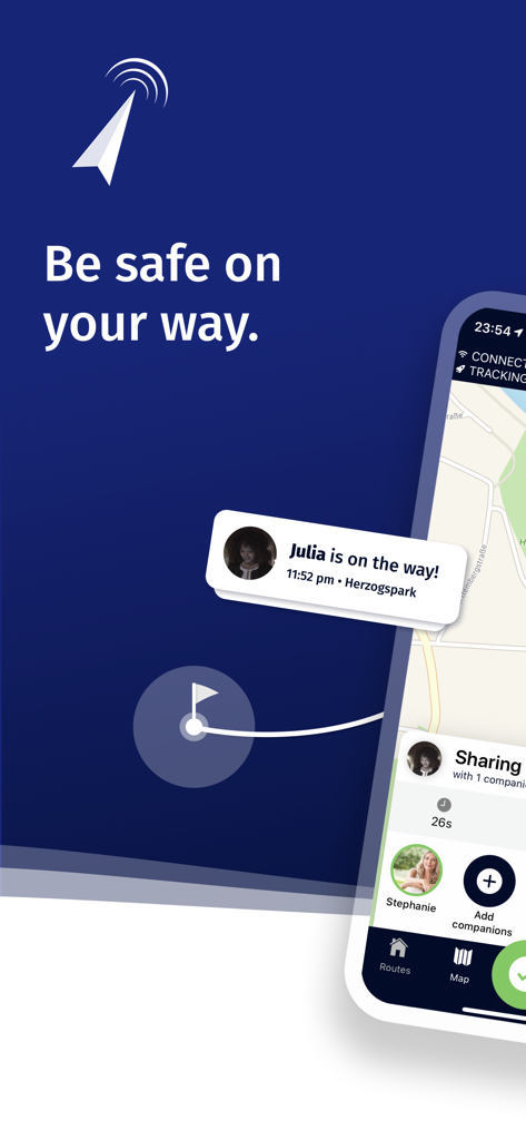 Arrive Safe app interface showing a live location tracking notification and map with safety companions.