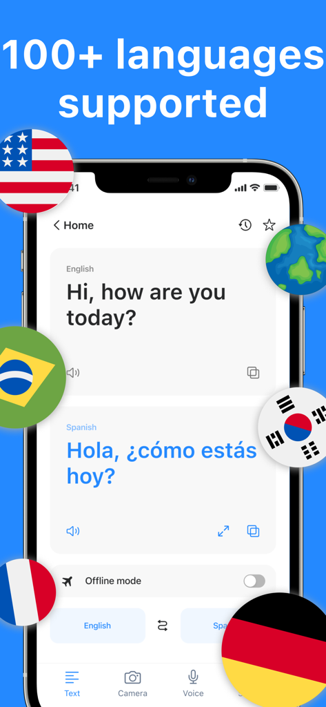 Translator AI: Photo, Voice - Translator AI app screen showing English to Spanish translation and multiple language options