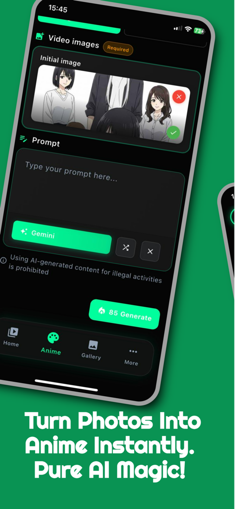 Animoon-Anime  Generator - A mobile interface for the Animoon app showing an initial anime image selection and a text prompt box for AI generation.