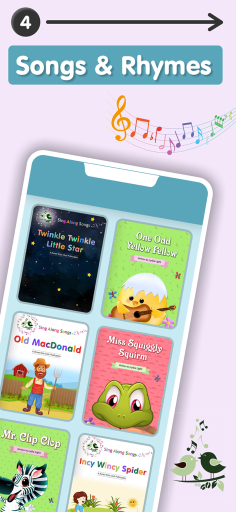 A mobile screen showing a selection of interactive children's songs and rhymes including Twinkle Twinkle Little Star and Old MacDonald.