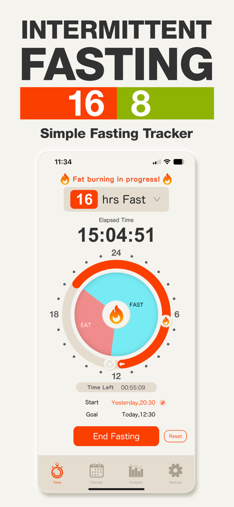 Fasting Timer: 16:8 Tracker - Intermittent fasting timer app interface showing a visual countdown ring and fat burn status.