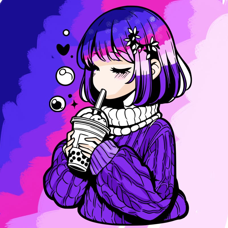 manga girl drinking boba in cozy sweater