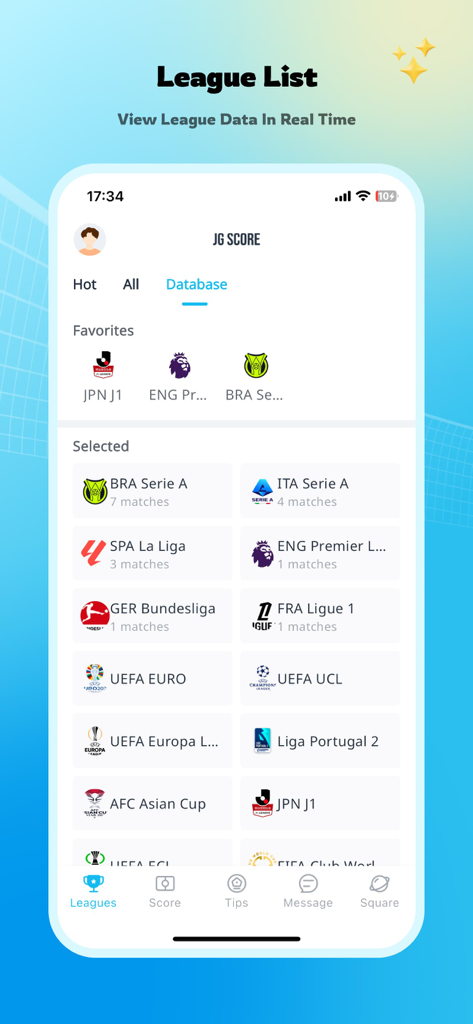 JG Score mobile app screen displaying a list of global football leagues including Premier League and La Liga