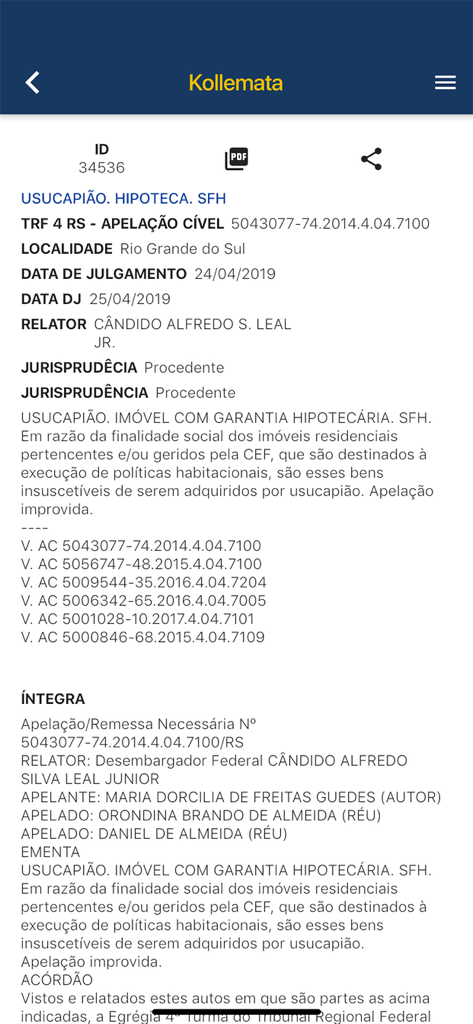 Kollemataモバイルアプリ内のブラジル法ケース概要と学説の詳細ビュー