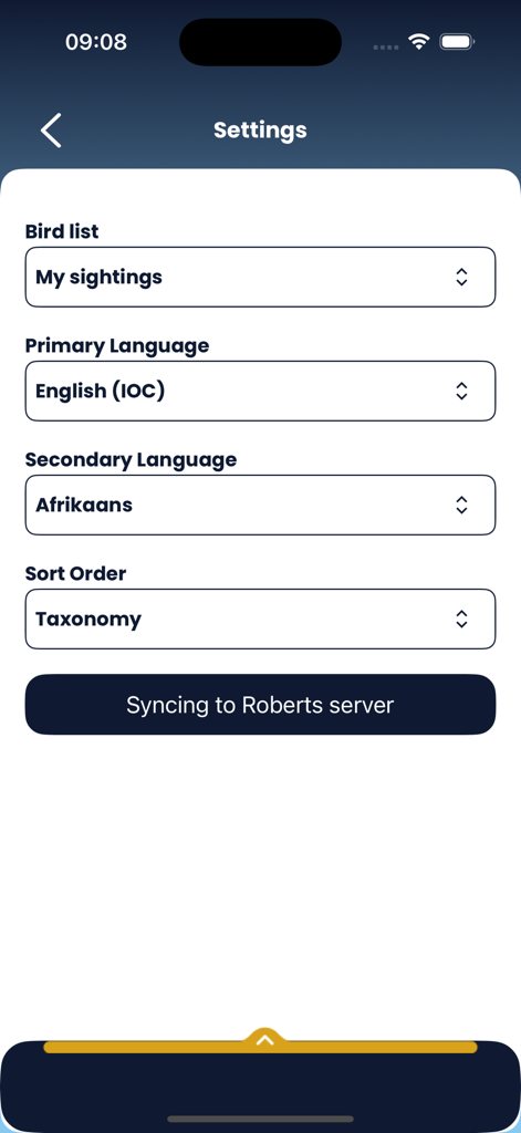 Roberts Birds - Pantalla de configuración de la aplicación Roberts Birds que muestra opciones para la lista de aves, selección de idioma y ordenación taxonómica.