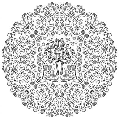 Discover a beautifully intricate Christmas gift sack mandala, perfect for teens seeking a relaxing and creative coloring challenge. This symmetrical design bursts with festive details, ready for your artistic touch.
