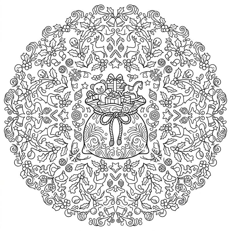 Discover a beautifully intricate Christmas gift sack mandala, perfect for teens seeking a relaxing and creative coloring challenge. This symmetrical design bursts with festive details, ready for your artistic touch.