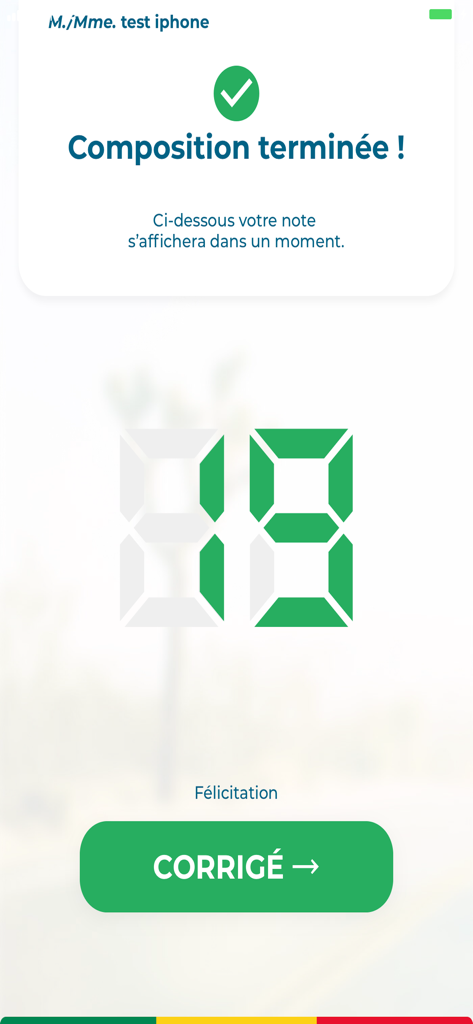 Mock driving exam result screen showing a score of 18 with a button for corrections