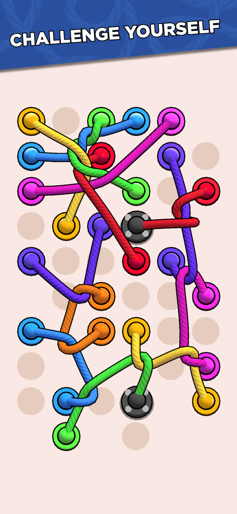 Twisted Ropes: Untangle 3D - Gameplay screen of Twisted Ropes Untangle 3D showing colorful tangled ropes on a grid