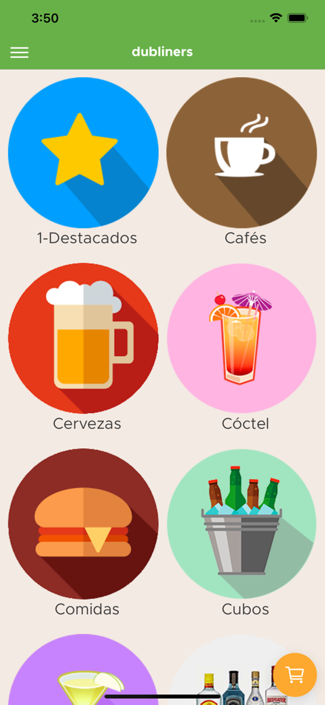 Dubliner's Alicante - Pantalla de la app Dubliners Alicante mostrando categorías de menú de comida y bebidas con iconos coloridos de café, cerveza, cócteles y hamburguesas.