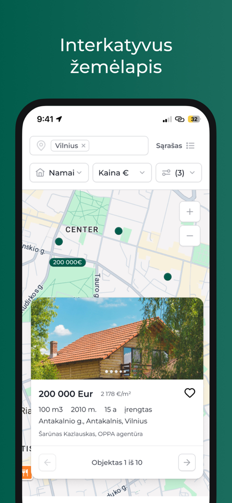 Domoplius.lt - Interactive map view in the Domoplius.lt app showing real estate listings in Vilnius