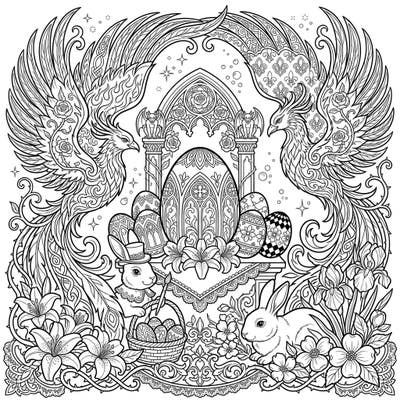 Discover a truly unique Easter coloring experience where majestic phoenixes meet dark gothic elegance. This intricate design blends traditional Easter symbols with a mystical, ornate aesthetic, perfect for advanced colorists.