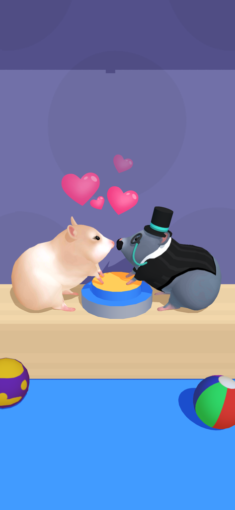 ピンクのハートの前で、タキシードとシルクハットを着たハムスターと、2匹のかわいいハムスター