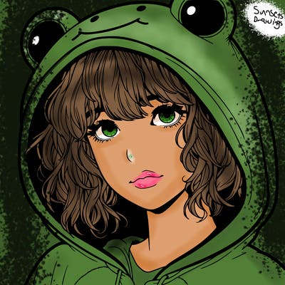 a realistic teenage girl with a messy fringe, in a frog onesie with the hood up