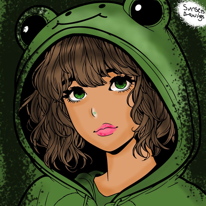 a realistic teenage girl with a messy fringe, in a frog onesie with the hood up