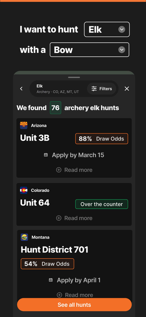 GOHUNT: Research & Maps - Tela do aplicativo móvel mostrando pesquisa de caça de alce com arco com probabilidades de sorteio e prazos de inscrição para vários estados