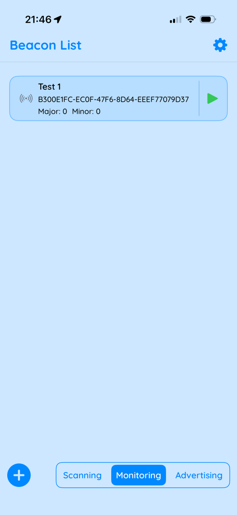 Beacon Multi Tool interface showing a list of beacons for region monitoring with UUID and Major Minor details