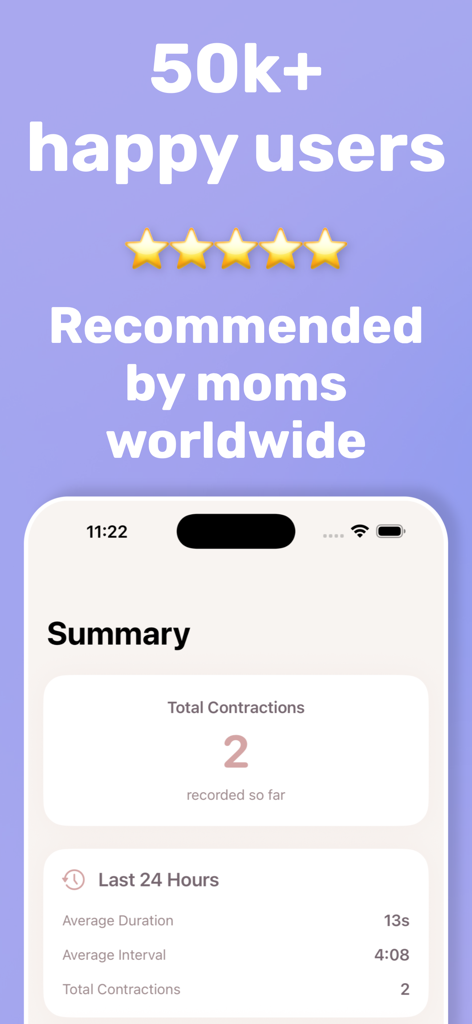 Contraction Timer: Pregnancy - Summary screen of the Contraction Timer app showing labor data and five star user ratings