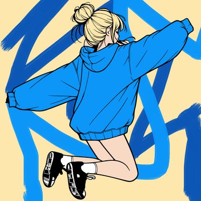 realistic girl jumping with a bun and oversized sweatshirt