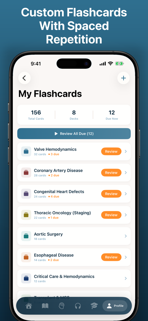 TSRA App flashcard interface showing surgical study decks with spaced repetition and review options