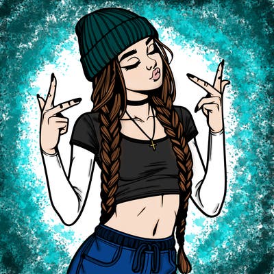 realistic teenage girl with braids and a beanie and crop top doing 🫶🏼