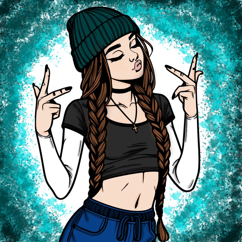 realistic teenage girl with braids and a beanie and crop top doing 🫶🏼