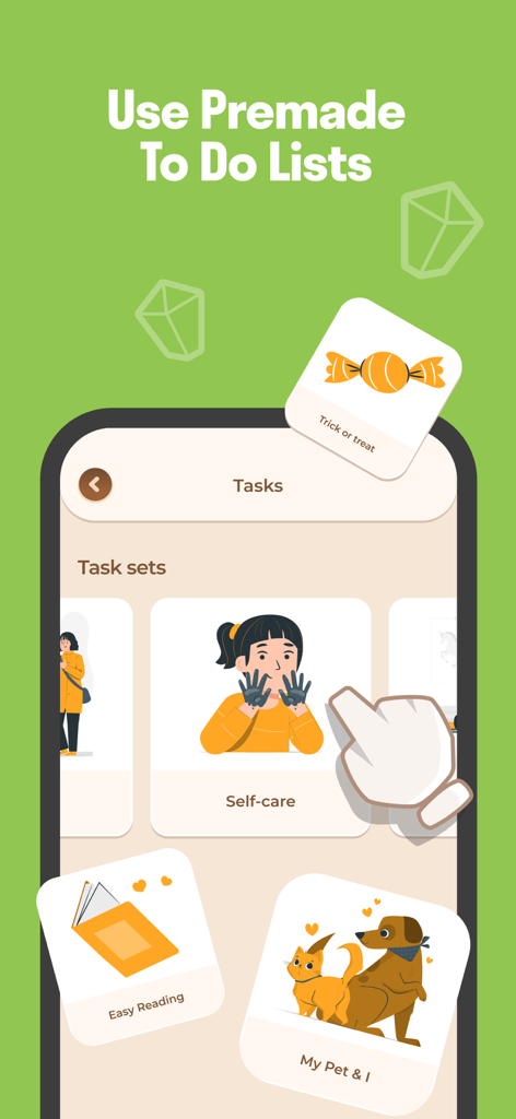 FamiLami - Habit Tracker - FamiLami app interface showing premade task sets for children routines like self-care and reading.