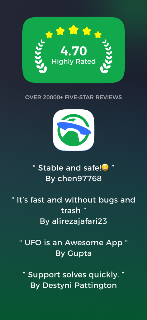 UFO VPN: Ultra Fast Secure VPN - Captura de tela do UFO VPN mostrando uma classificação de 4,7 com mais de 20.000 avaliações de cinco estrelas e depoimentos positivos de usuários