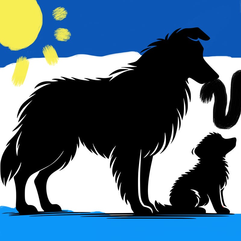 silhouette of a shepherd with his still and baby dog