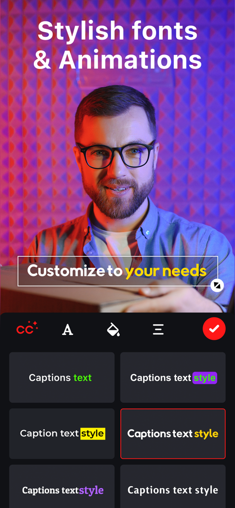Interfaz de usuario que muestra varios estilos de fuentes y animaciones con estilo para subtítulos de vídeo en la aplicación.