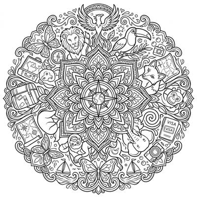 Embark on an artistic global adventure with this intricate Animal Vacation Mandala. Featuring diverse wildlife intertwined with travel elements, it promises a uniquely relaxing coloring experience.