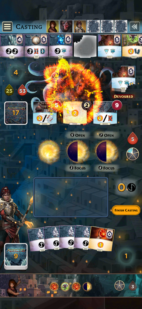 Gameplay screenshot of Aeons End digital board game showing mages casting spells and battling a nemesis
