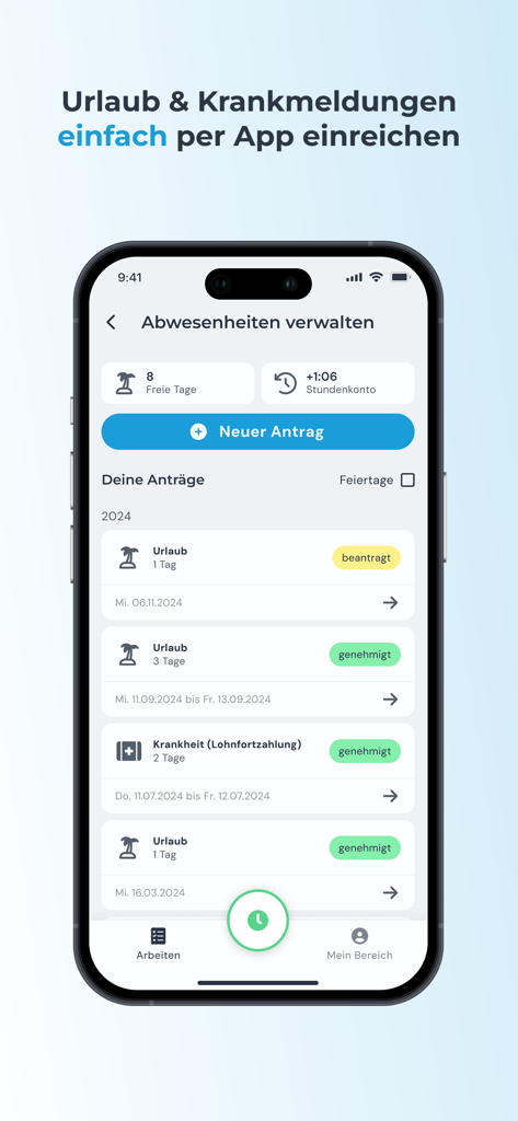 clockin – Zeiterfassung - A mobile screen from the clockin app showing vacation and sick leave request management.