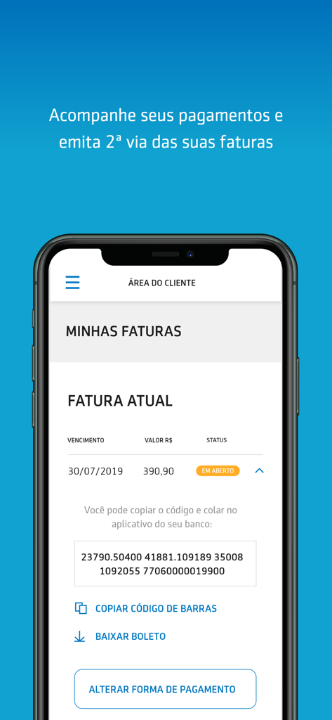 MAG Seguros - Captura de tela do aplicativo MAG Seguros mostrando a tela Minhas Faturas com detalhes de pagamento atuais e código de barras.