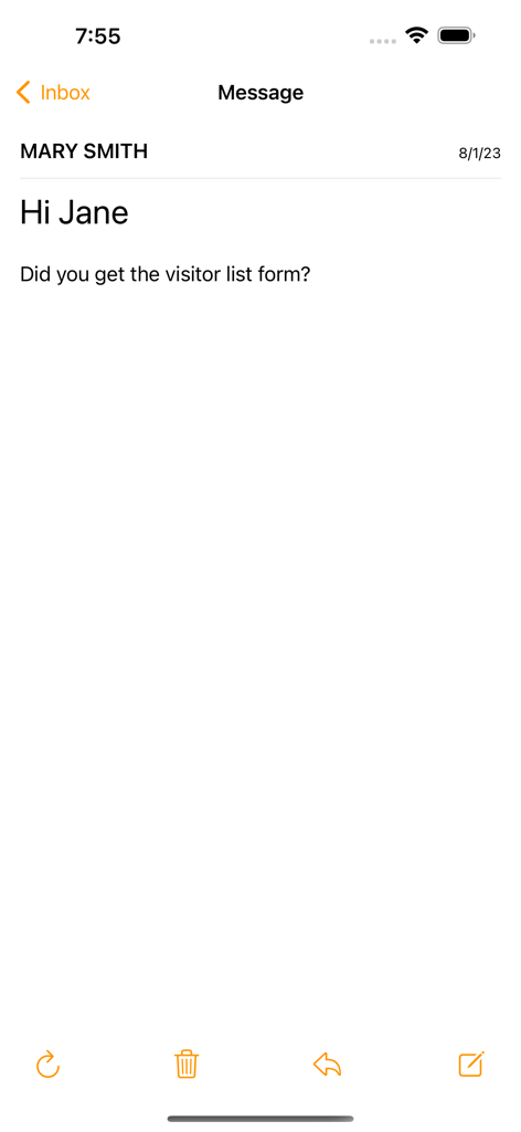 Incoming message view on the CorrLinks messaging app