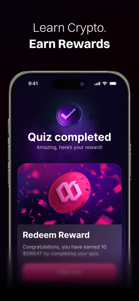 A mobile phone screen showing a completed quiz in the Sweat Wallet app with a message to redeem crypto rewards.