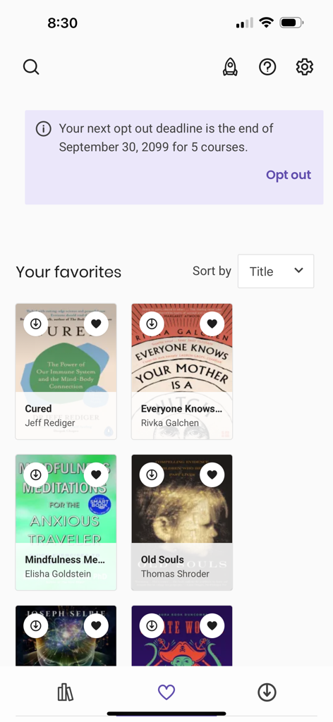 BibliU app interface showing a list of favorite digital books in a grid layout.