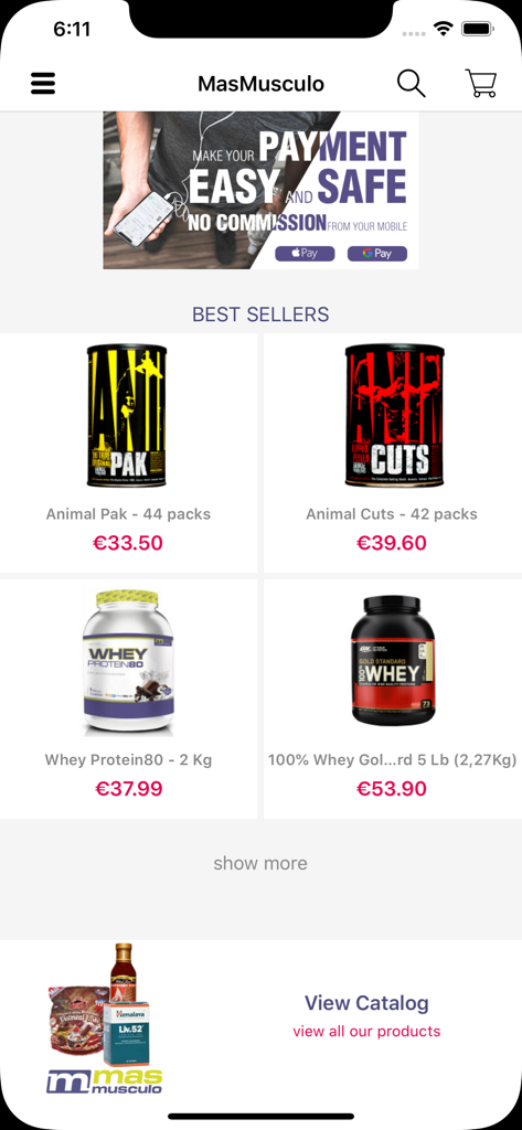 MASmusculo - Interfaccia dell'app MASmusculo che mostra i migliori integratori per il bodybuilding in vendita