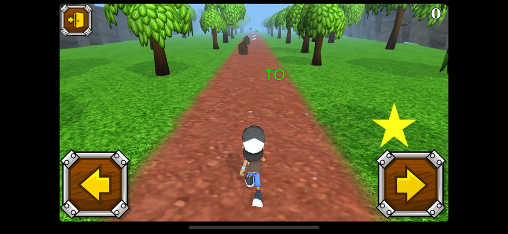 Cuca - クカアプリで、キャラクターが3Dの森の環境の土の道の上を走り、音節TOを集める様子。