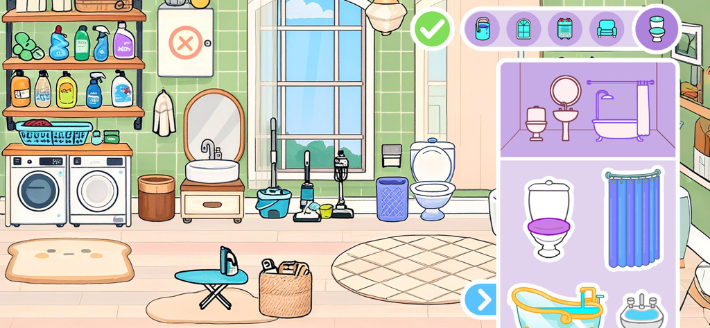 Princess Avatar Maker World - Interfaz para decorar un área de lavandería y baño con lindas opciones de muebles en Princess Avatar Maker World