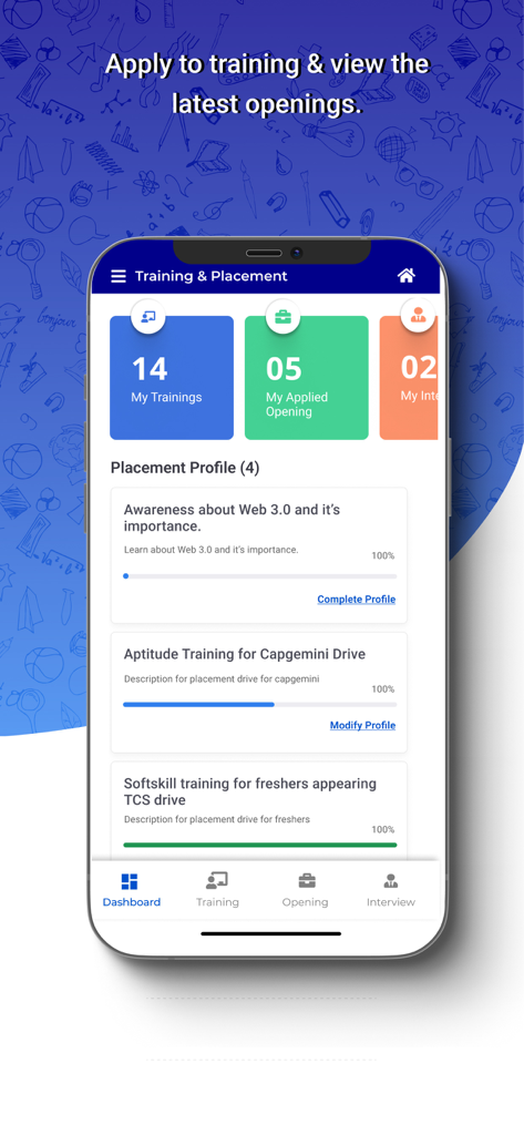 vmedulife mobile app showing the training and placement dashboard with career openings and student profile progress