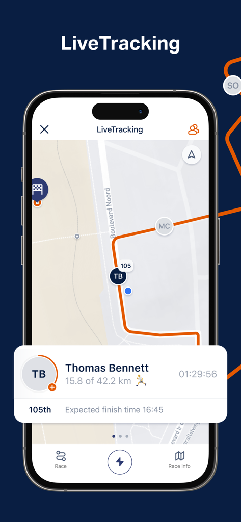 Écran de suivi en direct de l'application Sofico Gent Marathon montrant la progression d'un coureur sur une carte.