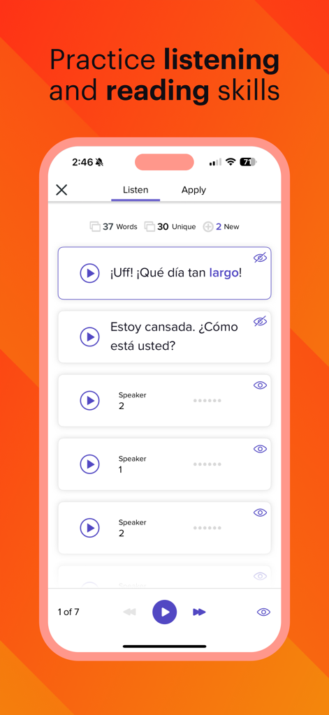 Mango Languages app interface showing a Spanish conversation for listening and reading practice