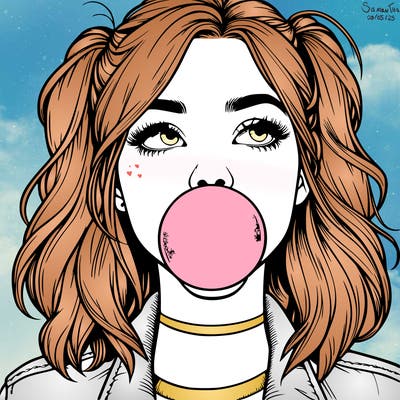 realististic girl blowing bubble -gum